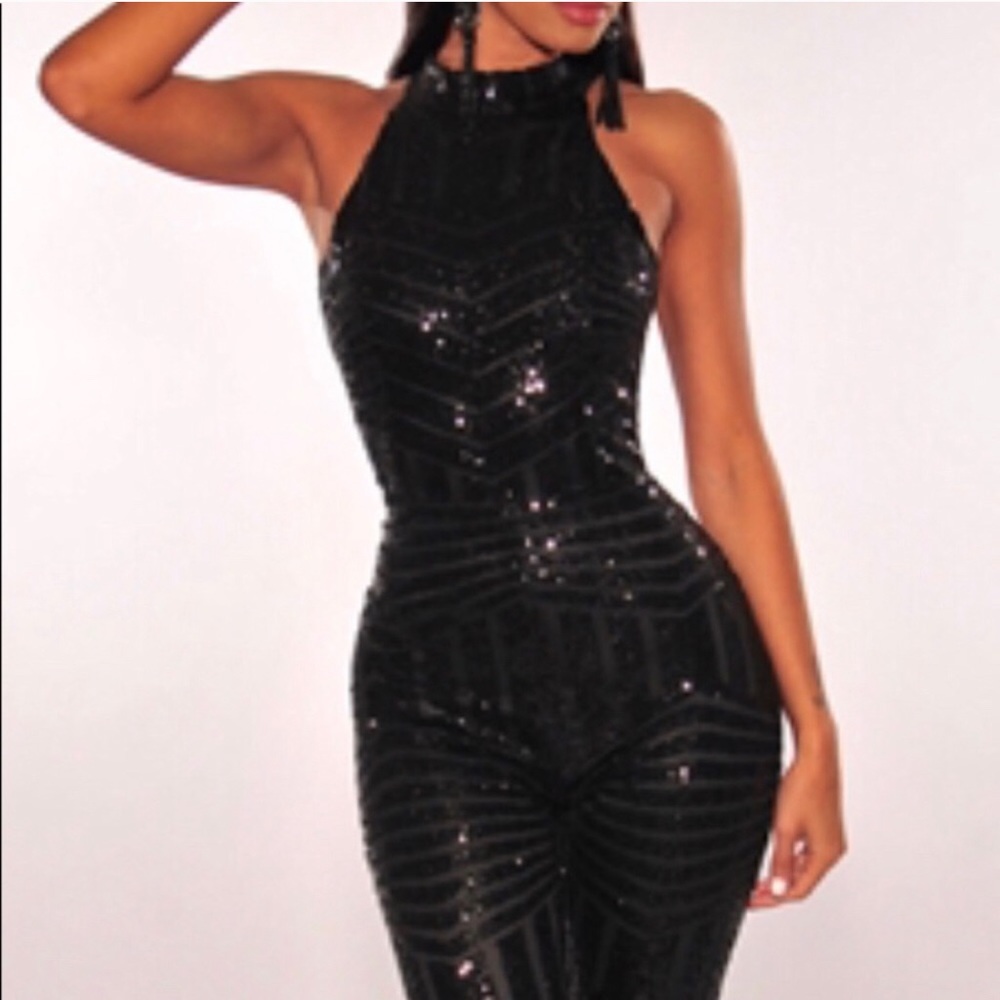 Black sequin, open- back halter  jumpsuit
